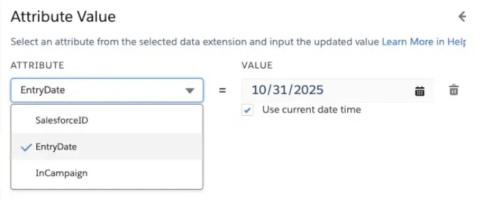 Attribute Value configuration showing EntryDate selected with Use current date time checked