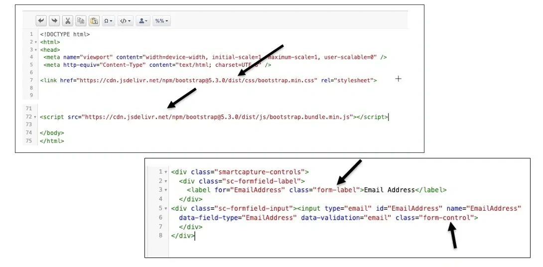 Second code panel showing additional SmartCapture field styling with Bootstrap classes applied