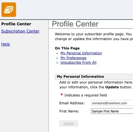Salesforce Marketing Cloud Profile Center showing subscriber account management with Personal Information, Preferences, and Unsubscribe options